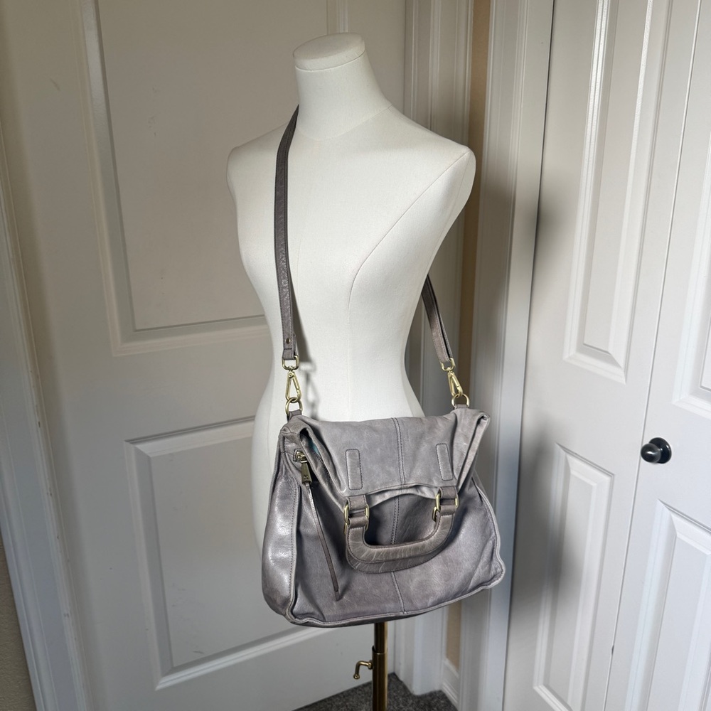 HOBO Leather Crossbody Bag Gray Foldover Slouch Shoulder Purse - Picture 2 of 12